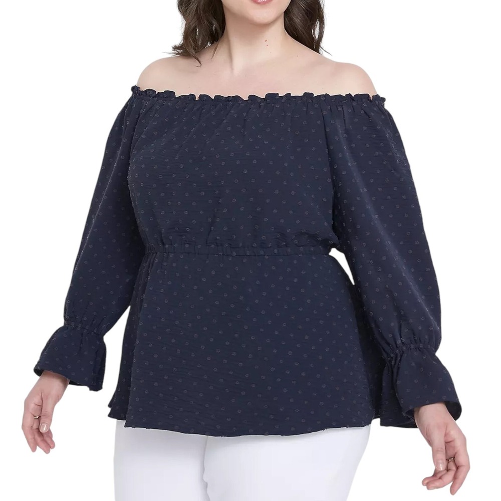 Lane Bryant Off-The-Shoulder Elastic-Waist Blouse Womens 26/28 Blue NEW w/ Tag